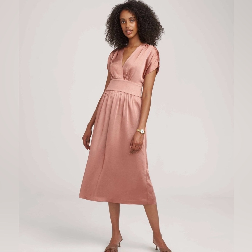 Anne Klein Satin Rose Anise V Neck Tie Midi Dress Size 6